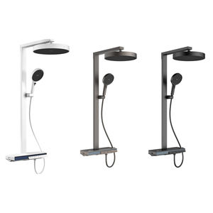 Modern Floor Mount <b>Shower</b> Set Rainfall Round <b>Head</b> Stainless Steel Matte <b>Black</b> Minimalist Design 37.6in Bathroom Faucet - Product Image 1