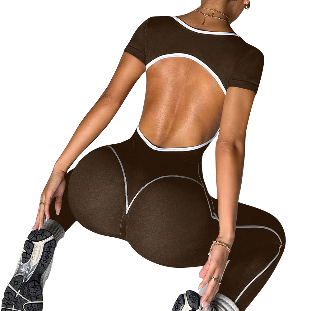 Seamless Solid V Neck Sleeveless High Waist Slim Yoga Bodysuit Hollow Back Nylon/Spandex Four-Way Stretch Breathable for Women