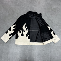 Veste en velours côtelé bicolore pour homme avec col de chemise personnalisé, fermeture éclair et motif flamme brodé