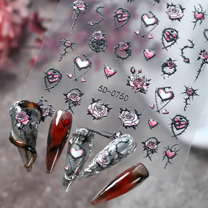 Autocollants 5D roses et noirs gothiques pour ongles, motifs cœur, rose, crâne, Y2K, adhésifs pour décoration d'ongles, manucure, sliders - Product Image 3