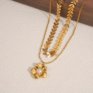 Collar de Doble Capa de Acero Inoxidable 304 con Colgante de Flor Chapado en Oro de 18K de Moda, Electrochapado al Vacío de 18K para Mujer - Product Image 2