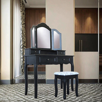 Meubles de vanité noire à trois volets de style moderne de luxe ensemble de commode de maquillage stockage en bois chambre coiffeuse chaise pour hôtel
