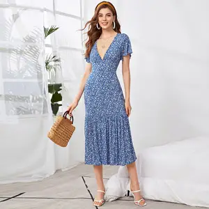 Vestido midi longo casual feminino, babado decote em v manga comprida estampa floral moda verão profundo sensual