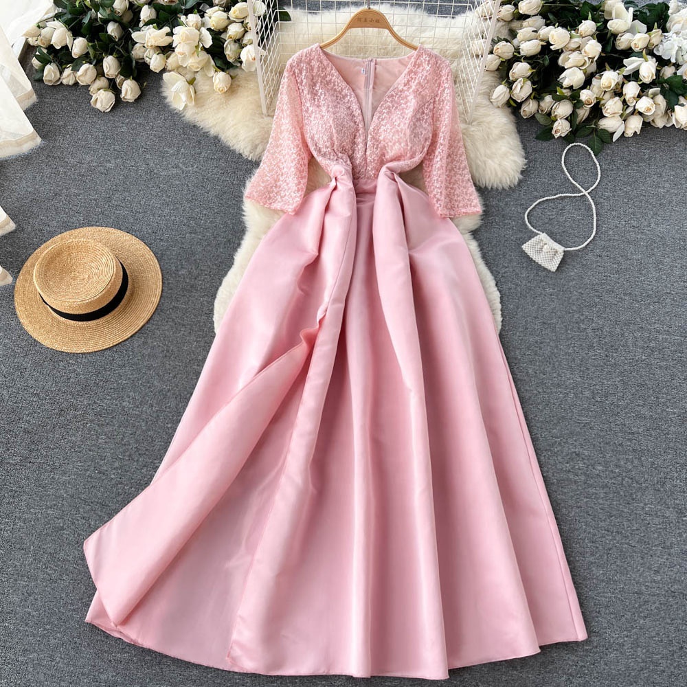 New Fashion Women Pink Lace Embroidery V-Neck Sexy Slim Knee Length Dresses|  Alibaba.com