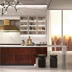 Scandinavian Design Brown Acrylic Kitchen <b>Cabinet</b> Two Tone Texture Wood Grain Joinery Set With Waterfall Island - Product Image 5
