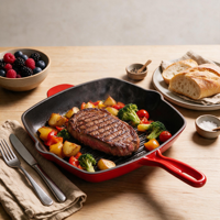 Poêle grill carrée en fonte émaillée rouge avec longue poignée, côtelée, compatible cuisinière, pour steak, barbecue, cuisine domestique, OEM personnalisé