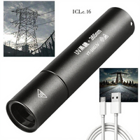 Detektor Senter LED UV 365nm Mini Portabel IP55 Tahan Air USB Isi Ulang Paduan Aluminium Spot Beam 0-200M Hitam Terang