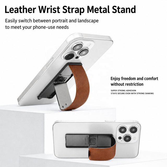 Adhesive Phone Strap Stand, Leather Finger Grip with Zinc Alloy Foldable Kickstand for Phones and Tablets, Portrait Landscape