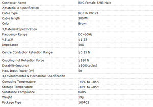 Câble <span class=keywords><strong>BNC</strong></span> femelle vers <span class=keywords><strong>SMB</strong></span> mâle à angle droit DC~6GHz avec RG316, 50 Ohm, contacts plaqués or, pour systèmes de communication sans fil - Product Image 4