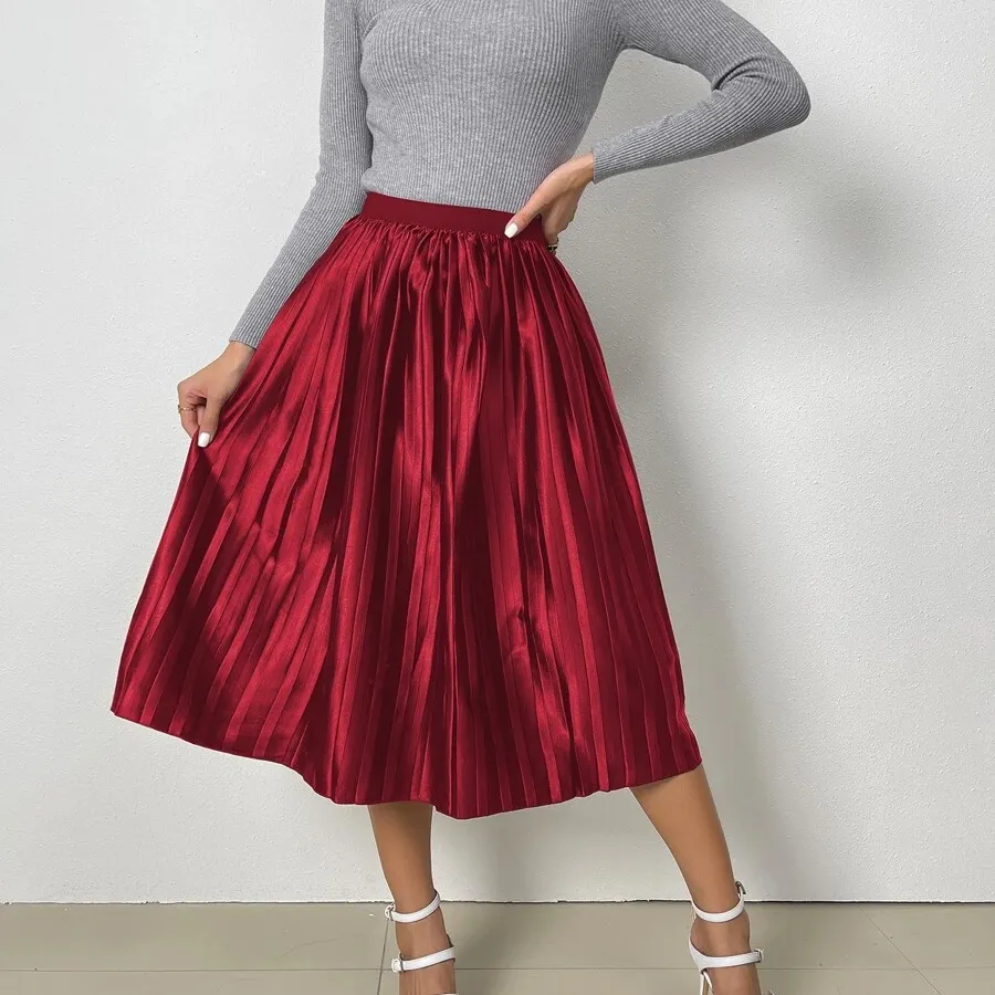 2022 new design red pleated stylish casual long skirts for women