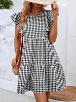 Robe mini à volants et manches à volants en gingham noir et blanc, robe babydoll ample à col rond