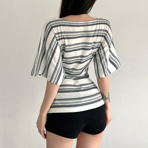 T-shirt décontracté à manches courtes pour femme, imprimé rayé vintage Y2K, col rond, ample, été, écologique - Product Image 6