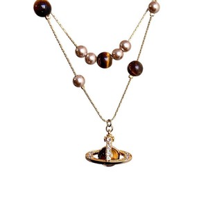 Collana con ciondolo a doppio strato in perla occhio di tigre naturale a forma di pianeta <span class=keywords><strong>Saturno</strong></span>, design femminile, stile retrò autunnale e invernale per maglioni. - Product Image 5