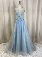 Gaun Malam Dusty Blue Model A-Line dengan Bordir Bunga 3D, Payet, Manik-manik, Kristal, Hot Fix Rhinestone, Tulle, Gaun Formal untuk Prom