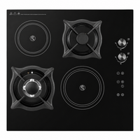 Table de cuisson hybride gaz et électrique à quatre panneaux vitrés avec deux plaques chauffantes infrarouges et deux brûleurs à gaz, combustion à haute efficacité