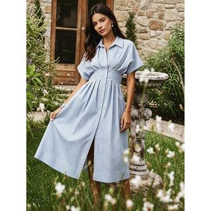 FOXA Women Button Front Pleated Shirt Maxi <b>Dress</b> Striped Short Sleeve Turn-down Collar <b>Elastic</b> Waist Casual Summer <b>Dress</b> - Product Image 2