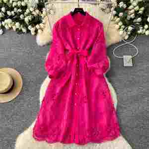 Vestido Midi Casual de Invierno Estilo Hada para Mujer con Manga Linterna, Bordado Imperio y Encaje Calado, Negro y Blanco - Product Image 2