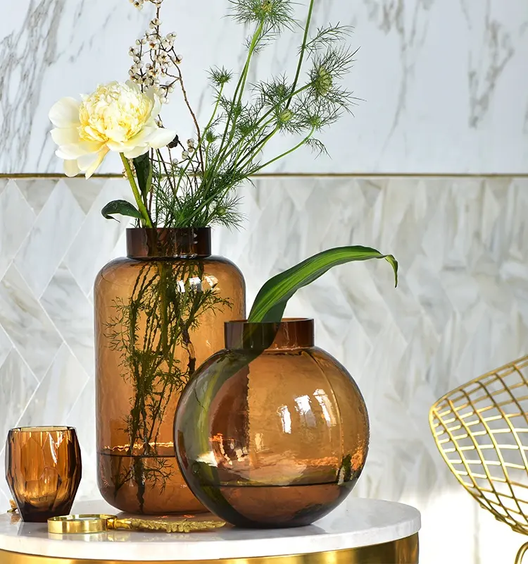 Xuanbixuan — Vases de rangement de fleurs, en verre martelé marron avec large ondulation, Vase d'arrangement de fleurs, décoration de Table en forme de Globe Unique, pièces centrales de 25x22 cm
