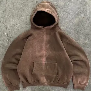 Özel fransız Terry ağır erkek Hoodies kahverengi gri güneş soluk asit yıkama Hoodie