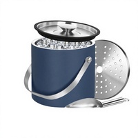 Seau à glace en acier inoxydable 3L avec anneau d'étanchéité en silicone, isolation sous vide à double paroi, couche filtrante, pince à glace et cuillère (Bleu marine)