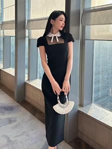 Nuovo abito da donna lungo, <span class=keywords><strong>classico</strong></span>, di colore nero, con fiocco decorativo sul collo a revers, vita alta, modello aderente a trapezio. - Product Image 2