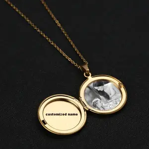 Wholesale Gold Silver Rose Gold Plated Custom Name Stainless Steel Photo Frame Round Locket Necklace