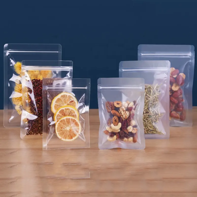 En stock pochettes en plastique givrées transparentes pour aliments emballage à fermeture éclair 3 sacs transparents à joint latéral