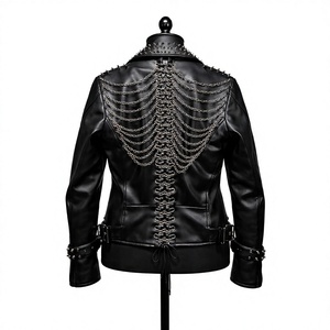 Chaqueta de moto de cuero genuino negro para hombre con remaches, cremalleras, cinturón y cadenas, cuello vuelto, corte ajustado, para otoño e invierno. - Product Image 2