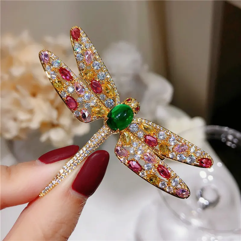 2022 Dainty Flash Green Chalcedony Brooches Women Coat Sweater Accessories Pins Colorful Zircon Dragonfly Brooch