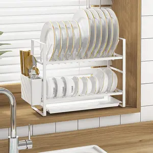 Rack de secagem de prato grande, conjunto de tábua de drenagem, suporte de utensílio, dreno extra multidirecional, escorredores de louça para balcão de cozinha