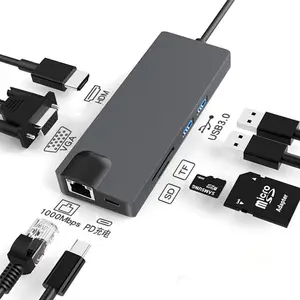 8 in 1 USB-C ke tipe-c 2 USB 3.0 Hub HDMl VGA RJ45 Ethernet Micro TF OTG RAS