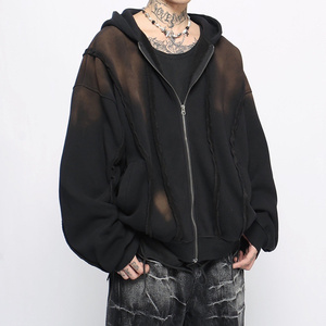 New Design <b>Spray</b> Dirty Wash <b>Sun</b> Fade Zip up Hoodies High Quality Custom Distressed Sewing Oversize Zipper Hoodie - Product Image 5