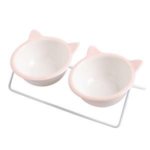 Ceramic <b>Cat</b> Bowls Double Elevated <b>Feeder</b> For <b>Cats</b> With Pink <b>Cat</b> Ears Design - Product Image 4