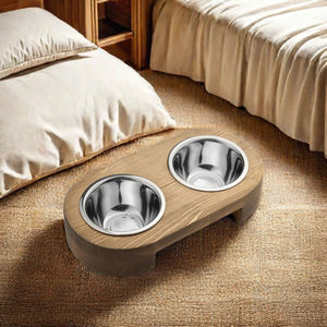 Stand ile Pet yemek kasesi, yavru köpek besleme kaymaz ahşap köpekler kediler için 2 paslanmaz çelik ve su Set çam ahşap tutucu - Product Image 4