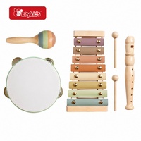 Wooden Kids Musical Instrument Set with Xylophone, Tambourine, Maraca, and Recorder Flute in Pastel Colors for Toddlers W07A260C