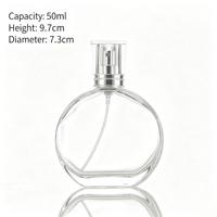 Vente en gros de flacons de parfum ronds plats transparents élégants en verre 30ml 50ml avec bouchon en plastique et emballage personnalisé