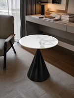 Table basse ronde moderne en dalle de roche blanche avec piétement conique en acier inoxydable noir pour salon, hôtel, OEM ODM