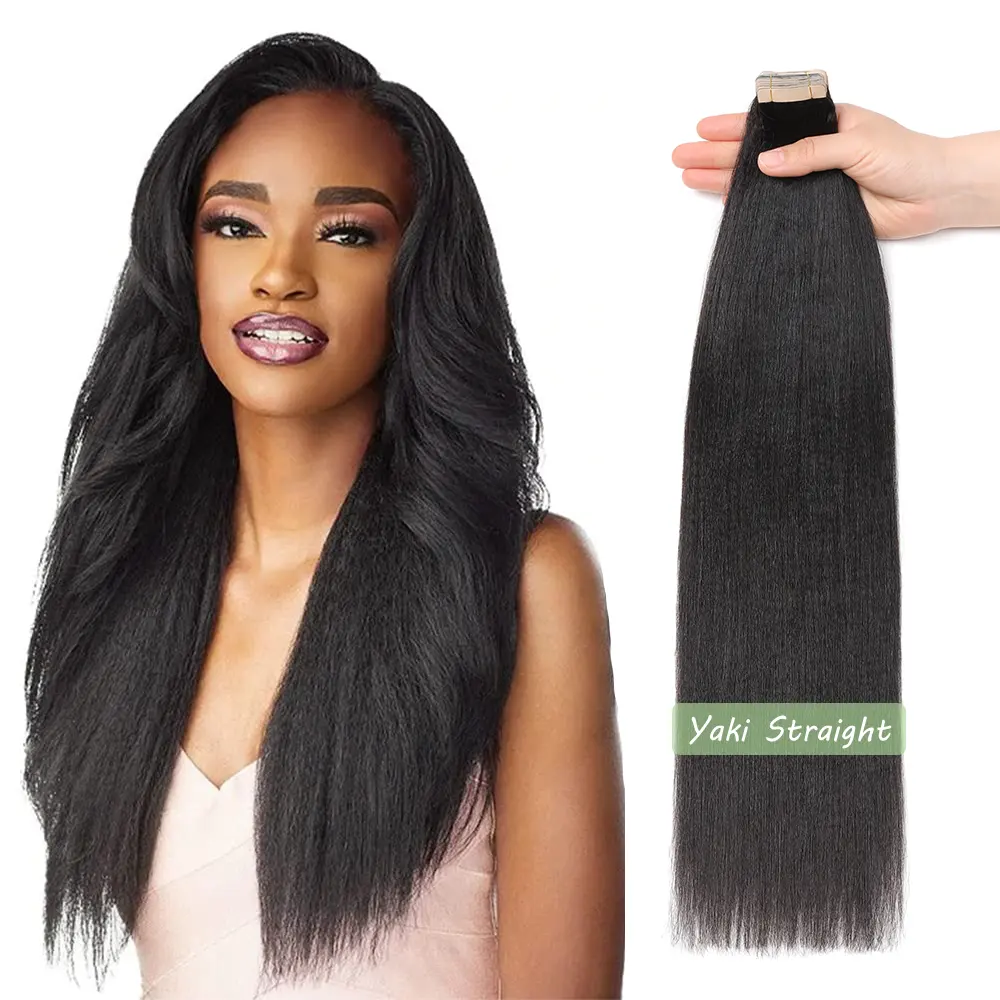 ShowJarlly Hair Light Yaki Tape In Human Hair Extensions 12"-26" Yaki Straight Nautral Invisible Remy Tape In Hair Extensions
