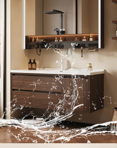 Mueble de baño moderno de acero inoxidable y nogal, montado en la pared, con espejo de aumento e iluminación inteligente - Product Image 6