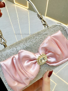 New <b>Cross</b>-border European American Retro Full Bow <b>Chain</b> Small Square Evening Bag Rhinestone Hand Bag Polyester Cover Tanjing - Product Image 3