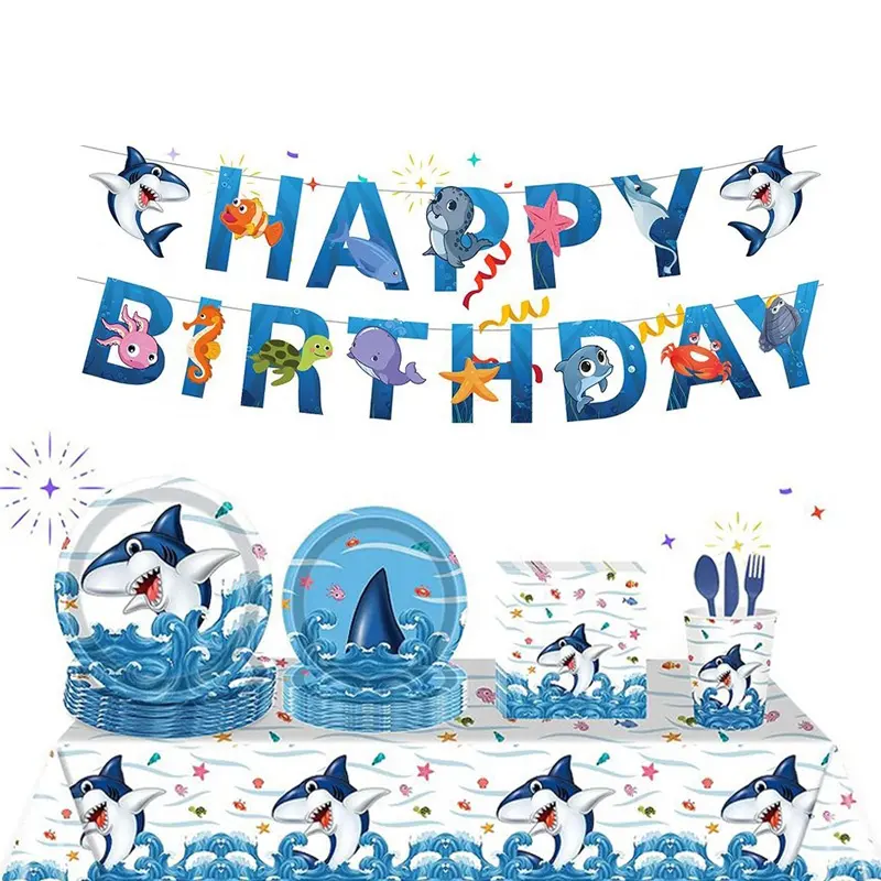 118PCSカスタム漫画サメ使い捨て食器紙皿カップ誕生日パーティーの装飾子供誕生日用品女の子ベビーシャワー