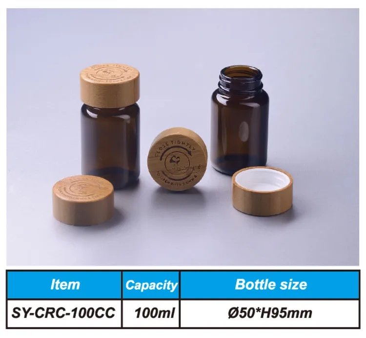 Contenitore a prova di odore di vendita calda flaconi di capsule in hdpe di vetro da 100ml con tappo a prova di bambino in bambù