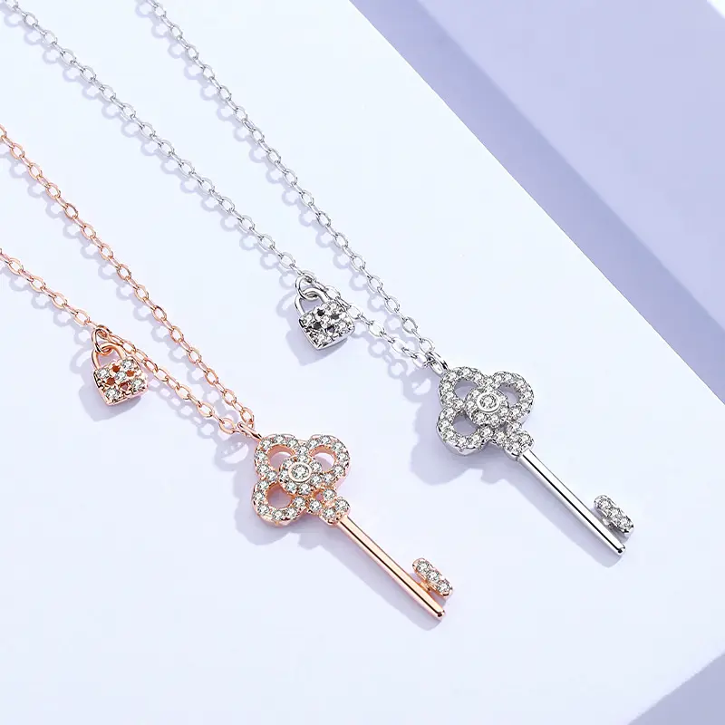 SKA S925 Sterling silver necklace key and lock zircon pendant womans necklace