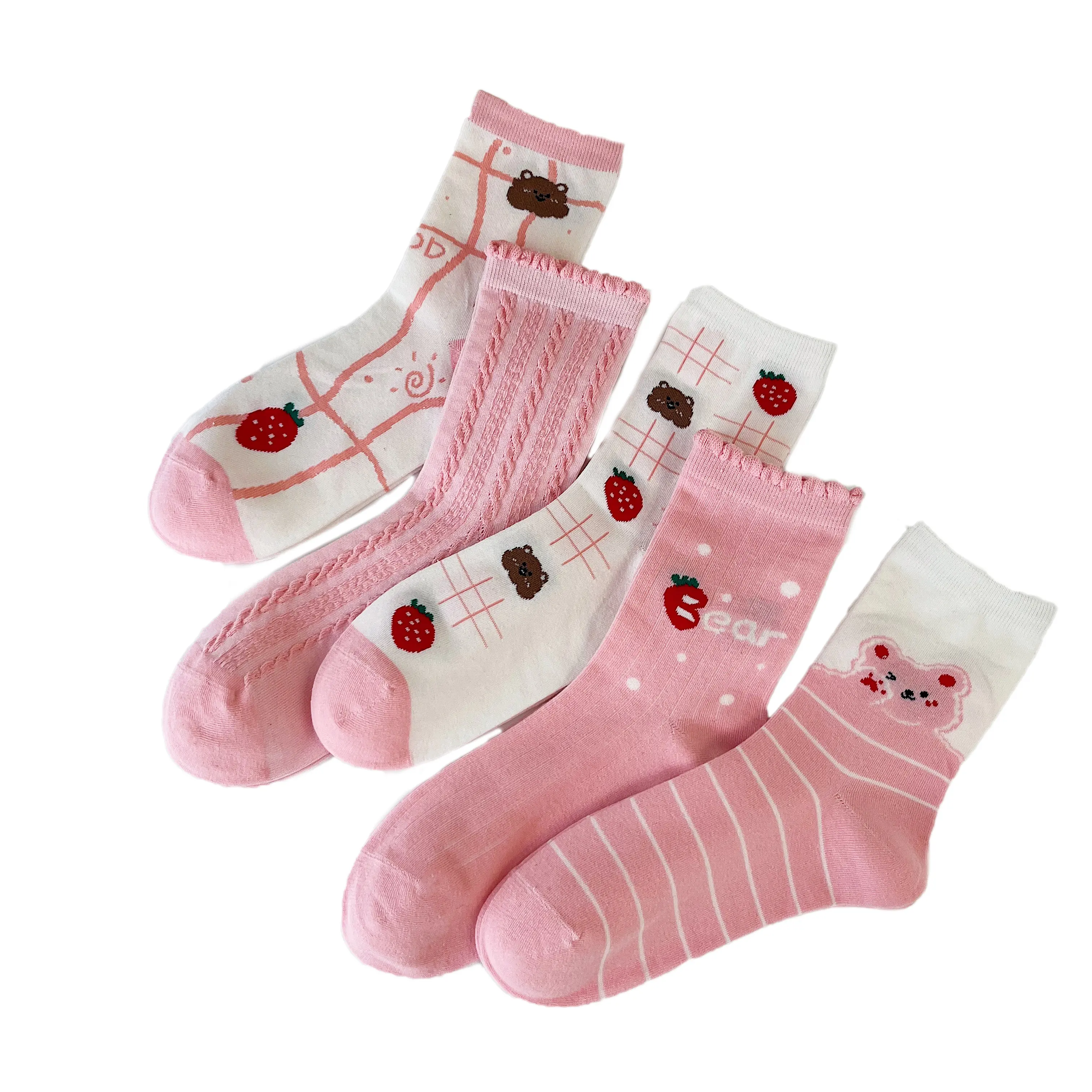 Funny cartoon rabbit strawberry sock breathable Cotton Japanese Korean socks custom logo OEM design pink lace crew socks