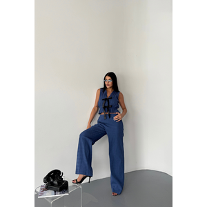 Conjunto de Mono Azul para Mujer GOFRE con Detalle de Lazo - Blusa y Pantalones - Product Image 6