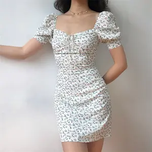 Pakaian Wanita Fashion Mini Gambar Bunga Musim Panas Kerah Persegi Kasual Bodycon Gaun ZJ939