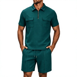 OEM Men's Casual Polo Shirt Shorts 2 Piece Set 1/4 <b>Zip</b> Neck Summer Solid Color Breathable Chest Pocket Customizable Logo - Product Image 2