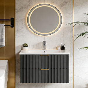 Mueble de Baño de Pared de 29-31 Pulgadas <span class=keywords><strong>con</strong></span> Lavabo de Cerámica Integrado, Cajones Acanalados Gris Oscuro, Tiradores Dorados y Espejo Redondo LED - Product Image 3