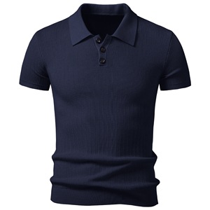 Polo en tricot pour homme, manches courtes, coupe ajustée côtelée, col classique, boutons, haut décontracté pour affaires - Product Image 1