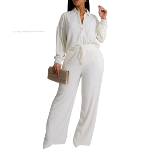 Women's Long-Sleeve Ruched Casual Shirt & Elastic Waist Straight-Leg <b>Pants</b> Two-Piece Set Fashion - Product Image 2